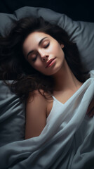 Naklejka premium Beautiful Caucasian woman peacefully sleeping on a bed. Restful sleep, asleep. Generative AI.