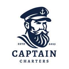 Boat charter captain logo. Mustache bearded sailor icon. Maritime skipper emblem. Vintage nautical seafarer symbol. Vector illustration.