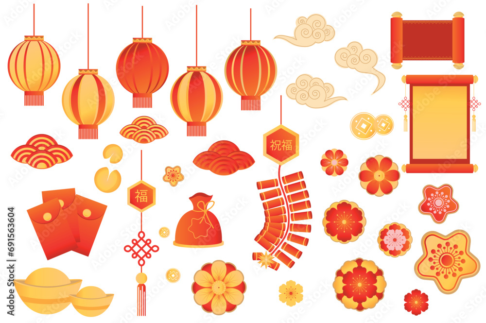 Poster chinese symbols mega set in flat design. bundle elements of red and gold lanterns, clouds and waves,