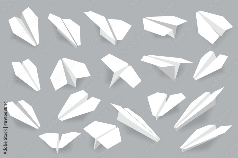 Poster Realistic paper planes mega set in flat design. Bundle elements of different views of white handmade origami aircrafts for business idea or message sings. Vector illustration isolated graphic objects