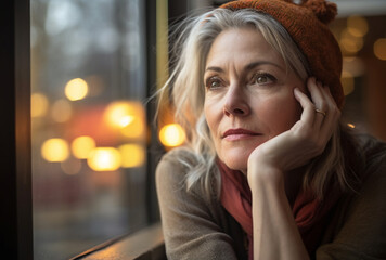 Fototapeta na wymiar A mature caucasian woman sits at a window looking thoughtful and desperate