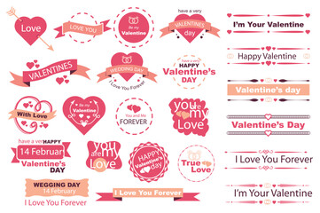 Valentine Day banners mega set in flat design. Bundle elements of romantic inscriptions and quotes on ribbons, labels, border frames, dividers decoration. Vector illustration isolated graphic objects - obrazy, fototapety, plakaty