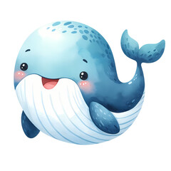 Cute watercolor Whale illustration,watercolour texture,sea animal in ocean.Isolated on white and transparent background.