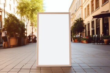 Empty white vertical frame mockup in beautiful sunny street