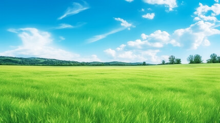 Fototapeta na wymiar Green grass field landscape and blue sky background