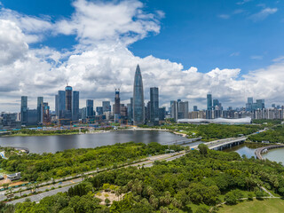 Fototapeta premium Drone fly over Shenzhen city central business district, aerial panorama China.