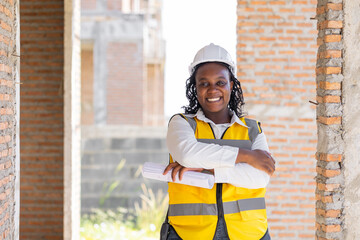 Portrait smart success black women worker african female work in construction industry happy smile...