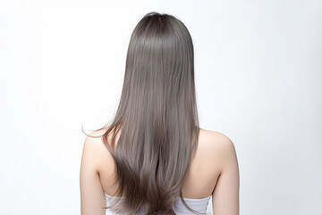 Naklejka premium The young lady's back, her long silver hair flowing smoothly against the white studio background, showcasing her elegant and chic style. Generative AI.