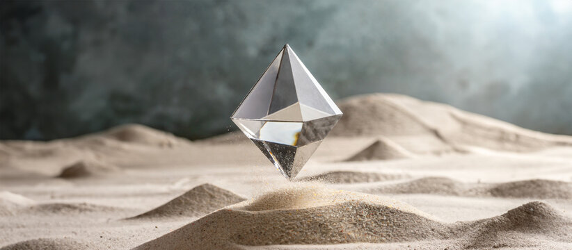 A crystal tetrahedron on sandy terrain under a clear sky.