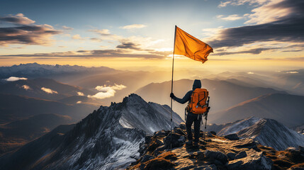 Climber holding flag on high peak with sunrise - obrazy, fototapety, plakaty