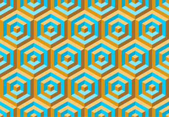 Seamless vector 3D pattern with cubes for wrapping, cover design, cards, fabric, design interior, packing. Colorful modern illustration. Blue and yellow geometric design. 3D Tile. Op Art. 