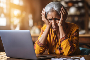 A mature indian woman looks stressed and overwhelmed at a laptop and holds a hand to the head - obrazy, fototapety, plakaty