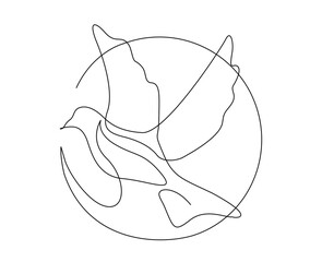 Continuous one line drawing of flying bird in circle line. Minimalist bird, dove, pigeon outline design. Editable active stroke vector.