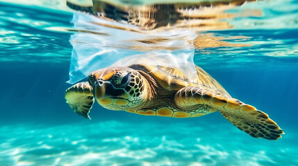 Turtle with a plastic bag floating in the sea