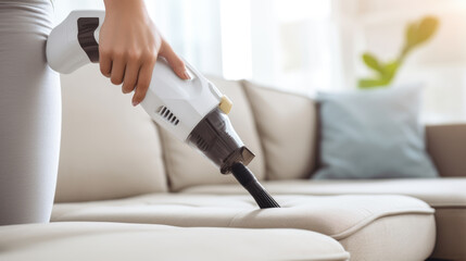 Close-up of a person's hand holding a yellow handheld vacuum cleaner while cleaning a gray fabric sofa. - obrazy, fototapety, plakaty