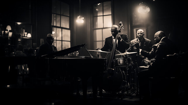 a black and white photo of a jazz band performing on stage. he band consists of a pianist, a drummer, and a bassist. They are playing jazz music with passion and skill.