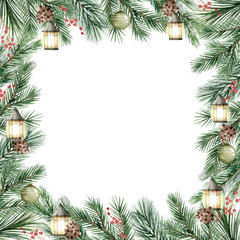 Fototapeta na wymiar Watercolor vector Christmas square frame. Winter greenery with garlands, balls and lanterns. Illustration for greeting cards, New year invitations. Hand drawn illustration.