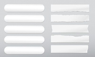 Set of torn, ripped, white blank horizontal paper strips with soft shadow are on squared background for text, notes, ad.