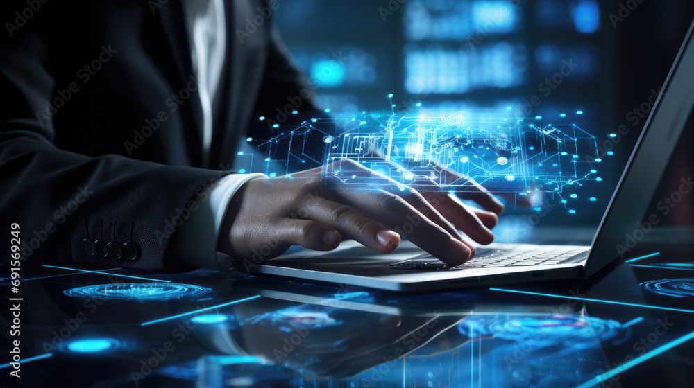 Poster person in a business suit interacting with a futuristic holographic display that emanates from a lap