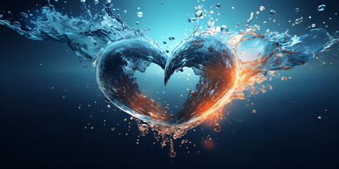 Wet Blue Heart shaped in Light Blue Water Valentine concept Romantic background - obrazy, fototapety, plakaty