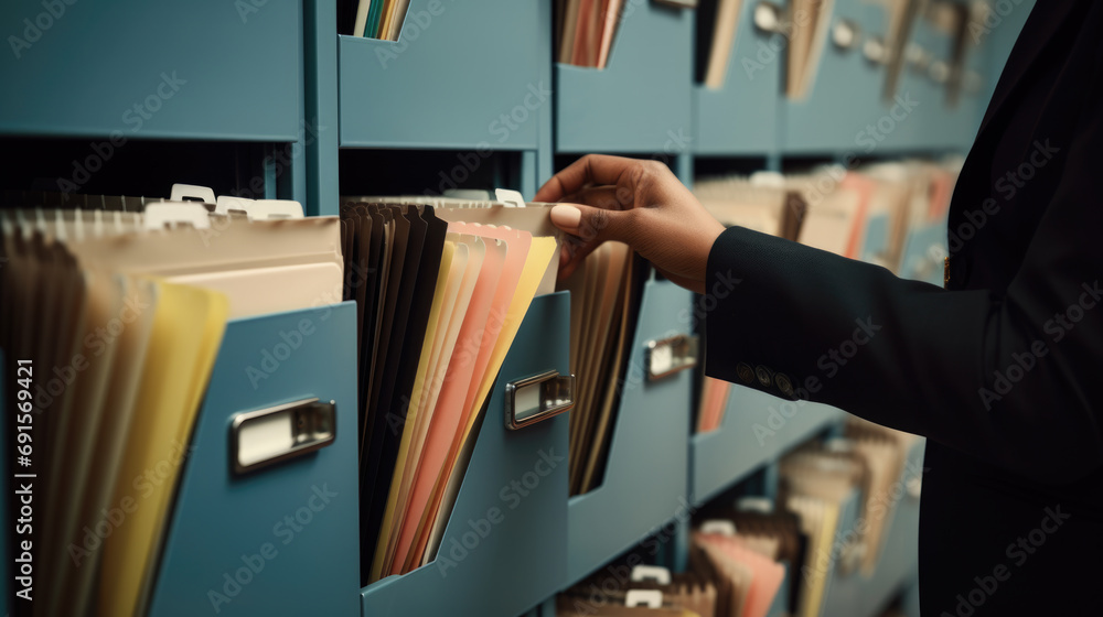 Poster close-up of a person in a business suit searching through open file drawers full of documents.