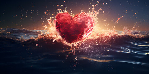 A heart shaped water splash with piece of a broken heart is in the water background 