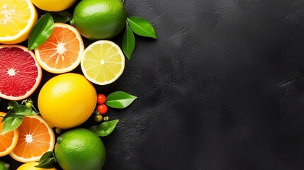 Top view fresh mix citrus fruit on black background