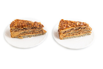 Walnut and hazelnut cake with caramel isolated on white. side view