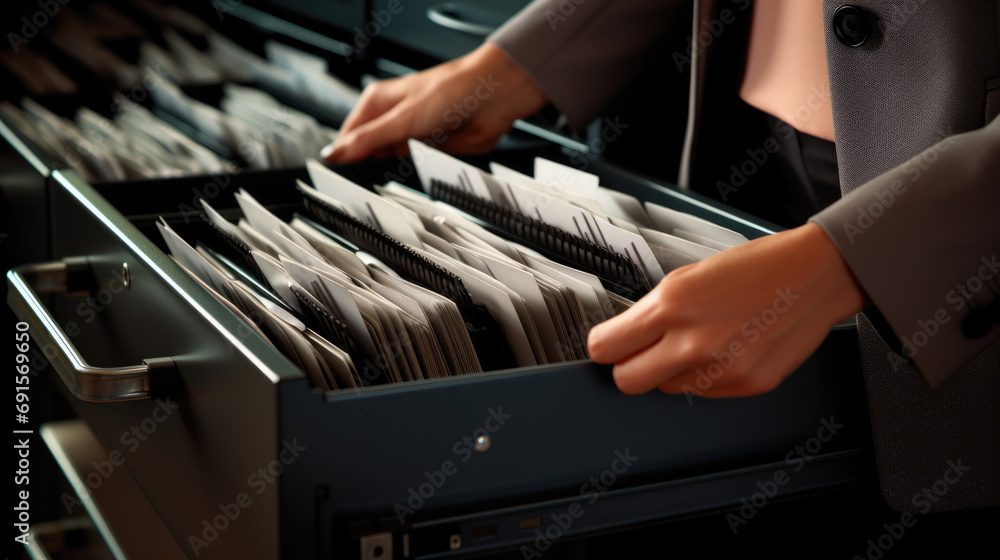 Poster close-up of a person in a business suit searching through open file drawers full of documents.