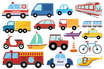 Transport collection in cartoon style. Set with doodle cars for kids and baby design. Vehicles clipart isolated on white background. Vector illustration