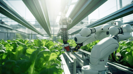 Robot in a modern greenhouse, tending to rows of leafy green lettuce, representing high-tech automation in precision agriculture and sustainable farming practices. - obrazy, fototapety, plakaty