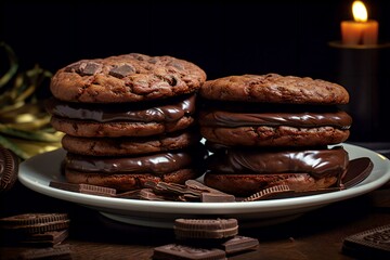 chocolate sandwich cookies served on plate - obrazy, fototapety, plakaty