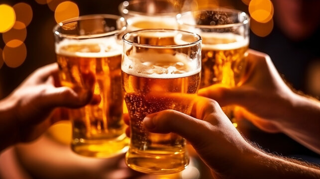 Happy group of friends enjoying drinking beer in bar