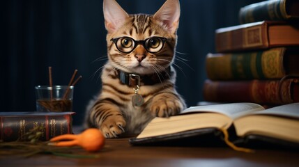 A Domestic Cat Resting on a Table with a Book and Magazine generated by AI tool