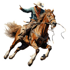  a Cowboy riding his horse, 3/4 view, in a PNG, Western-themed, isolated, and transparent photorealistic illustration. Generative ai