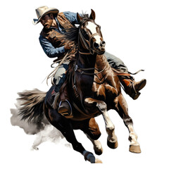 a Cowboy riding his horse, 3/4 view, in a PNG, Western-themed, isolated, and transparent photorealistic illustration. Generative ai