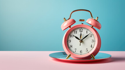 Classic alarm clock with a round face and bells on top, placed on a plate a light blue background.