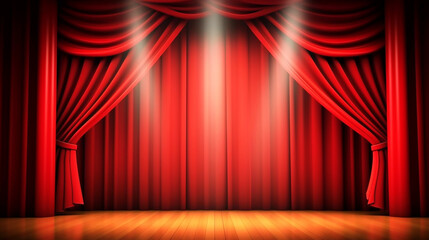 Red stage curtain and spotlight - obrazy, fototapety, plakaty