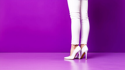High heel shoes for women with beautiful,slender legs on purple background - obrazy, fototapety, plakaty