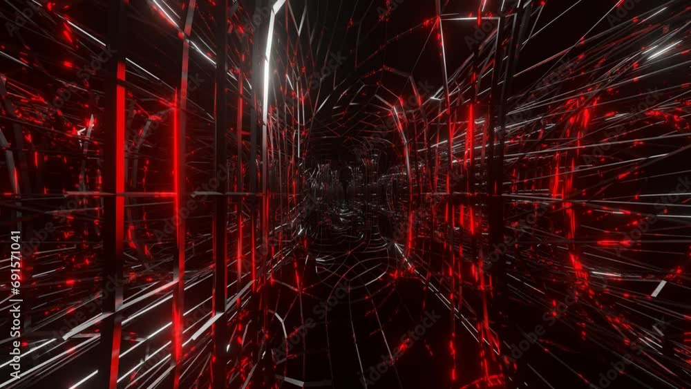 Poster camera flying forward through an abstract tunnel made of a metal frame glowing red. looping abstract