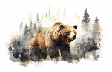 Big brown bear on background of a watercolor painted forest