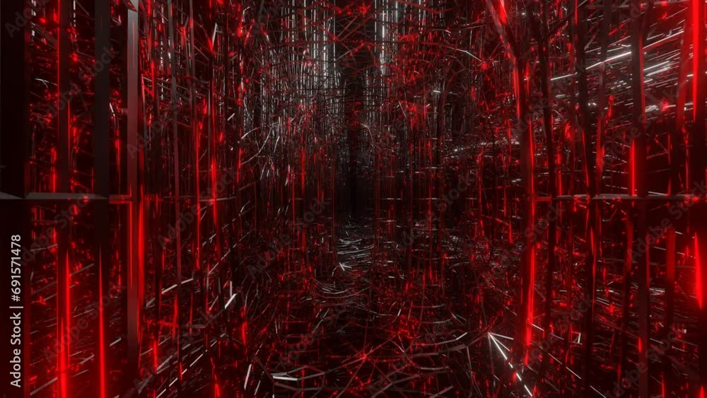 Poster camera flying forward through an abstract tunnel made of a metal frame glowing red. looping abstract