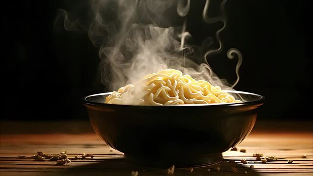 steam rose from a bowl of hot noodles