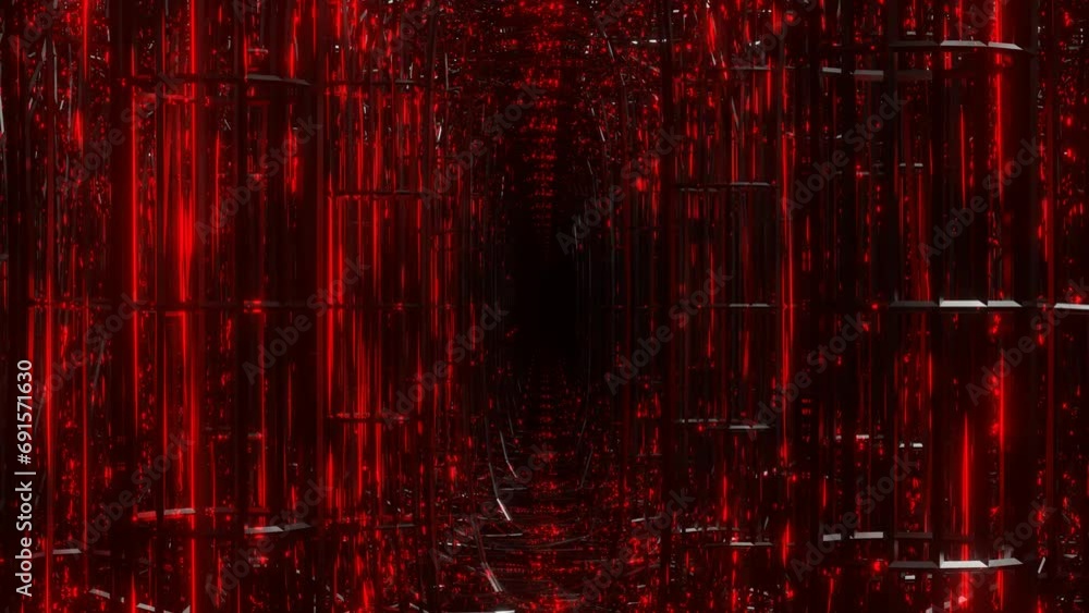 Poster camera flying forward through an abstract tunnel made of a metal frame glowing red. looping abstract