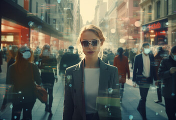 Businesswoman Scanned and Tracked with Technology Walking on Busy Urban City Street. CCTV AI Facial Recognition Big Data Analysis Interface Scanning, Showing Important Personal Information