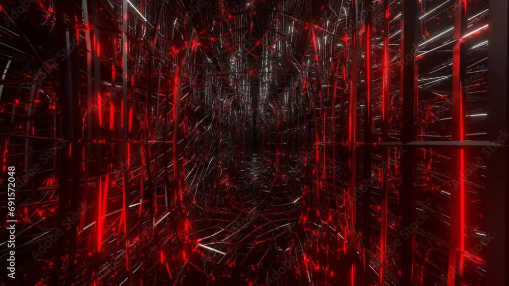 Poster camera flying forward through an abstract tunnel made of a metal frame glowing red. looping abstract