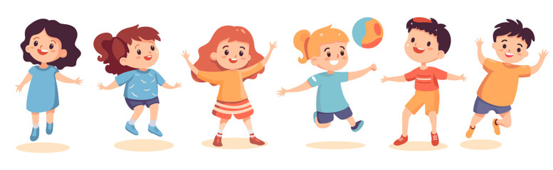 Set of happy playful children - flat color vector illustration