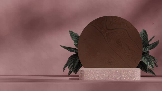 seamless shadow animation looping with wood texture and calathea plant, rendering 3d footage scene mockup of purple terrazzo podium
