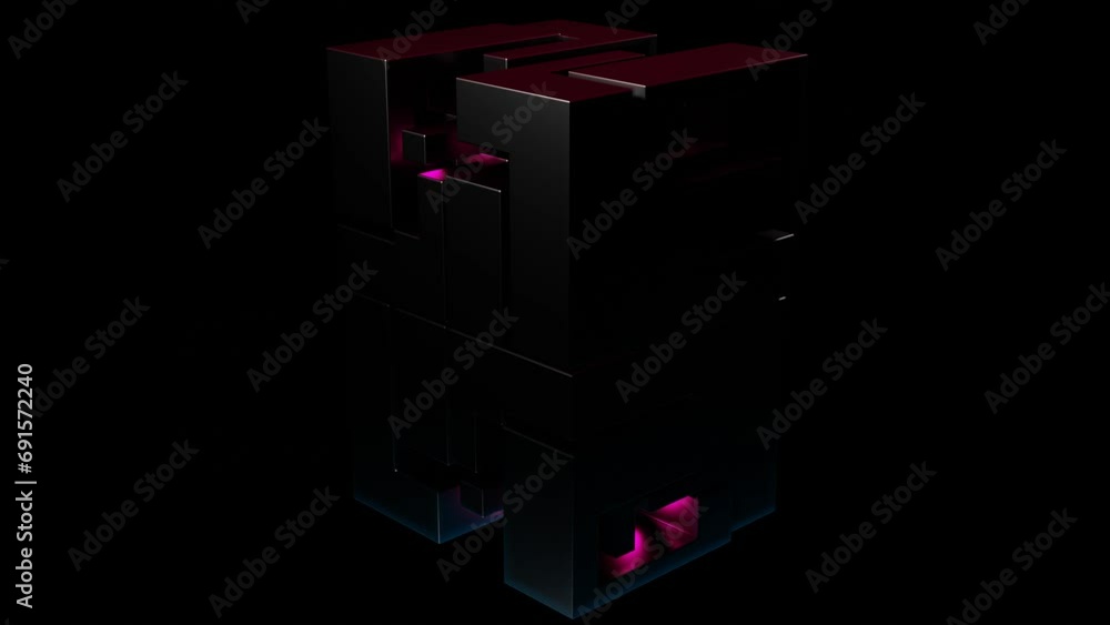 Poster composite metal abstract rectangular design rotates on black background. looping abstract animation.