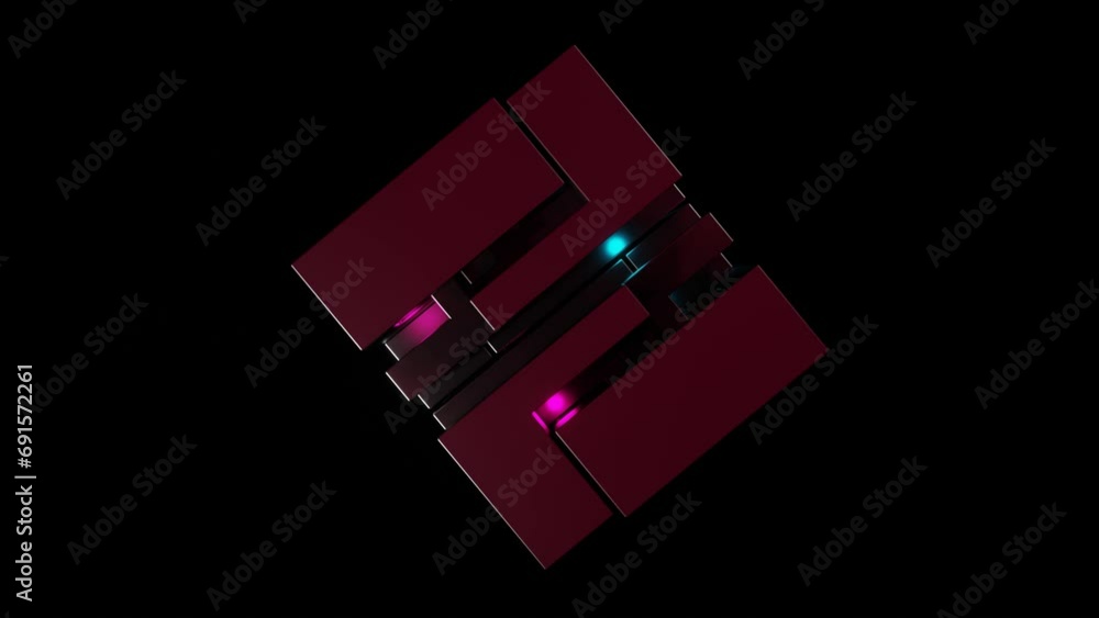 Poster composite metal abstract rectangular design rotates on black background. looping abstract animation.